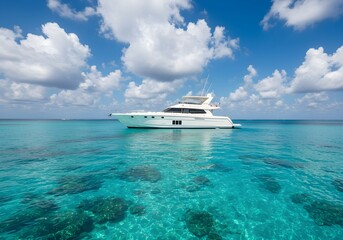 A White Luxury Yacht Sailing Through Turquoise Waters Under a Clear Blue Sky on a Sunny Day, the Essence of a Perfect Day at Sea.