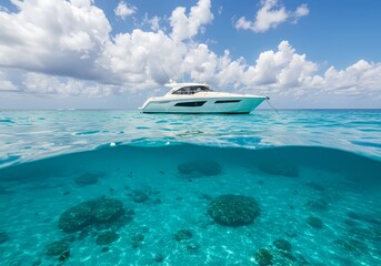 A White Luxury Yacht Sailing Through Turquoise Waters Under a Clear Blue Sky on a Sunny Day, the Essence of a Perfect Day at Sea.
