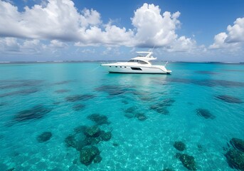 A White Luxury Yacht Sailing Through Turquoise Waters Under a Clear Blue Sky on a Sunny Day, the Essence of a Perfect Day at Sea.