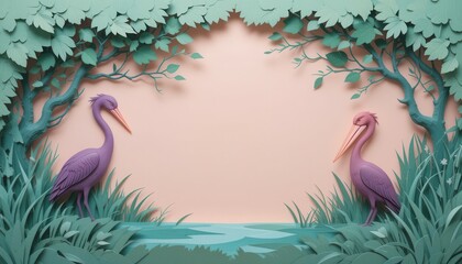 Serene Papercut Heron & Pelican Marsh Scene Blank Space for Text
