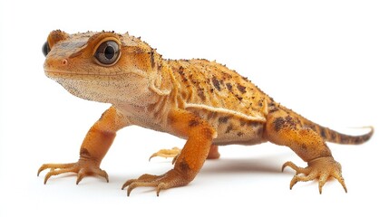 A small, orange lizard with a spotted pattern on its back, standing on a white surface.