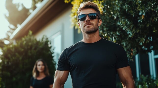 A rugged man sporting sunglasses walks confidently in a sunlit street setting, embodying strength and self-assurance. The background hints at a casual outdoor environment.