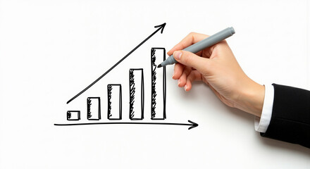 Hand drawing an ascending bar graph with a marker on a white background, symbolizing business growth, planning, analysis, and success in a creative and conceptual way