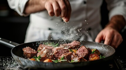 A skilled chef sprinkles salt over sizzling meat in a pan, capturing the essence of culinary artistry and the importance of seasoning in gourmet cooking.