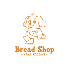 A CUTE WALKING DOG IS BRINGING A LONG BREAD,  LINE ART LOGO