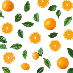 Bright and vibrant oranges with green leaves arranged on a white background for a fresh look
