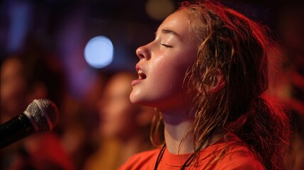 Naklejka premium A closeup of a young girl, tears streaming down her face as she participates in an emotional song, pouring her heart out to God and finding solace in the love of the community around