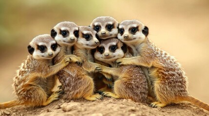 A group of meerkats huddled together on a mound of dirt.
