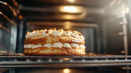 A beautifully layered cake is baking in the oven, exuding warmth and anticipation. The golden layers hint at a delicious treat ready to be enjoyed by all.