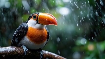Naklejka premium A vibrant toucan perches elegantly on a branch, surrounded by raindrops in a lush forest, symbolizing nature's beauty and the resilience of wildlife in the face of adversity.
