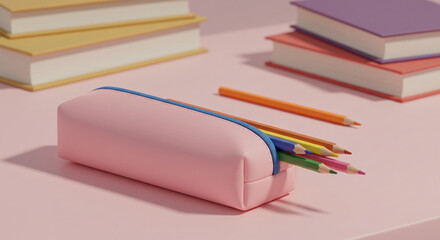 Simple pink pencil case with colored pencils an colored books on light pink table