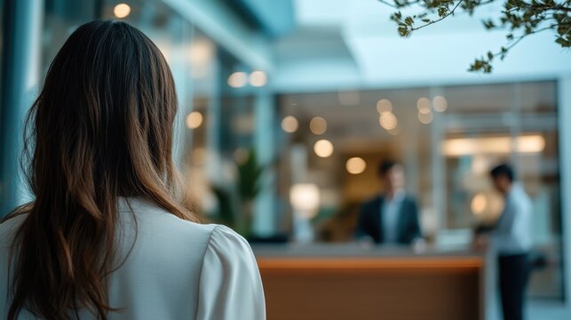 A woman stands with her back to the camera, observing a modern office space filled with natural light, symbolizing ambition and the professional world.