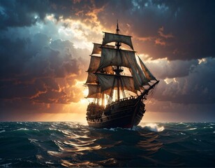 Obraz premium Historic tall ship with full sails navigating turbulent ocean waters under dramatic storm clouds and golden sunset light. Epic maritime adventure scene with powerful atmosphere. AI generated.