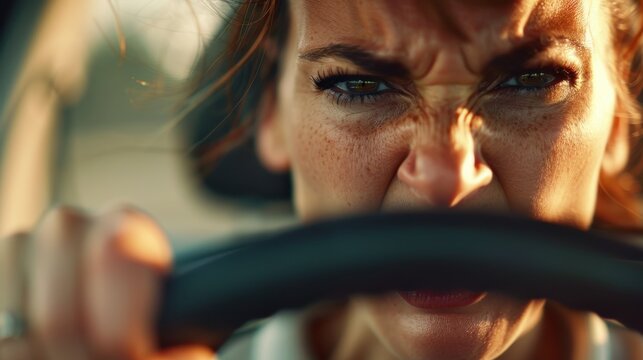 A passionate woman grips the steering wheel of a car, reflecting intense focus and determination as she navigates through life's challenges with unwavering strength.