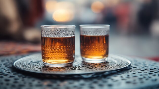 Two glasses of aromatic tea sit on a decorative tray, providing a refreshing view of relaxation, culture, and the simple joys of sharing moments with loved ones.