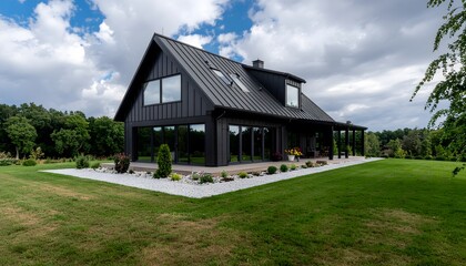 Obraz premium Modern black farmhouse with beautiful landscaping and green lawn