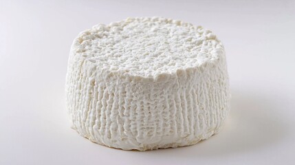 A round, white, crumbly cheese with a textured surface, placed on a white background.