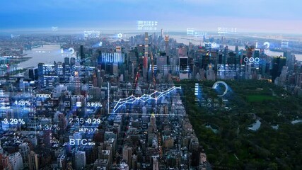 Aerial High-Tech City At Dusk, with Bright Networks financial Charts. Smart City Concept With Data-Driven Financial Elements And Advanced Artificial Intelligence Technologies. Manhattan, New York. - Powered by Adobe