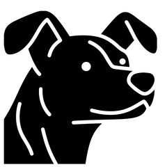 A friendly dog's head, illustrated in a simple black silhouette.