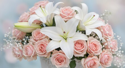 清楚な光輝く 白ユリと淡いピンク薔薇 花束 優雅. AI Generated