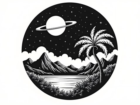 Black and white circular landscape, with a palm tree, a planetary night sky, mountains, and a city skyline in a minimalist retro style.