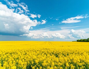 Obraz premium AI generated JPEG of an expansive canola field in full bloom, with golden flowers swaying gently in the breeze under a bright blue sky. Soft natural light highlights the vibrant yellow and rolling lan