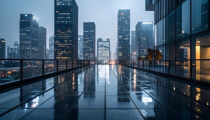 Modern cityscape view from rooftop terrace after rain at night