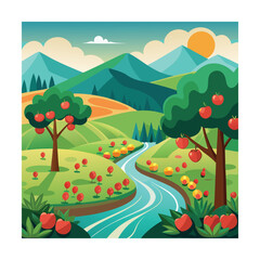 Fototapeta premium Flat vector orchard with river and hills in background