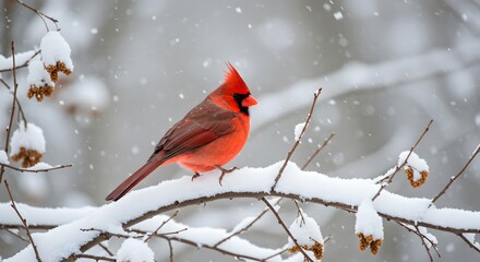 雪景色 鮮やか紅色の鳥 静かに枝に止まる. AI Generated