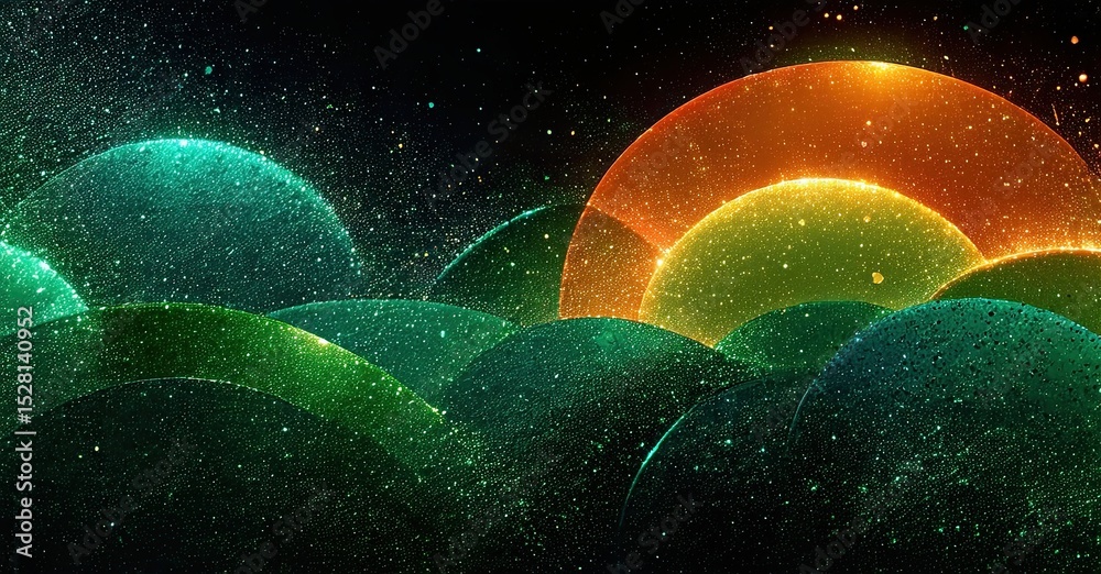 Aufkleber Abstract waves, vibrant colors, sparkling particles. Dark background emphasizes luminous shapes, creating dynamic visual effect.
