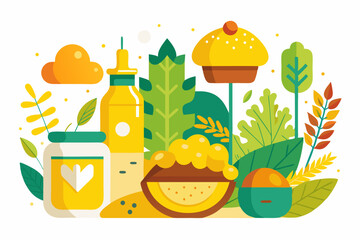 Botanical illustration of mustard plant with yellow flowers, green leaves, black and yellow mustard seeds, and seed pods. Herbal and culinary-themed flat lay design on a white background, ideal for ed