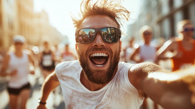 A male runner smiling joyfully as he participates in a marathon, capturing the essence of sportsmanship, determination, and joy in a bustling race setting filled with energy.