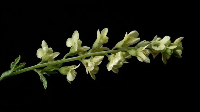A single white flower with green leaves against a black background.