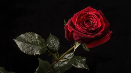 Naklejka premium A single red rose against a black background. The flower concept of romance and beauty. The image emphasizes the vibrant color and delicate petals.