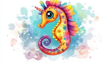 Obraz premium A cute cartoon seahorse with a curly tail and bright colors.