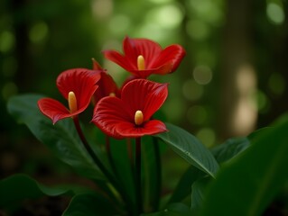 Vibrant Red Anthurium Blooms in Lush Forest Setting with Soft Natural Light and Green Foliage Surroundings