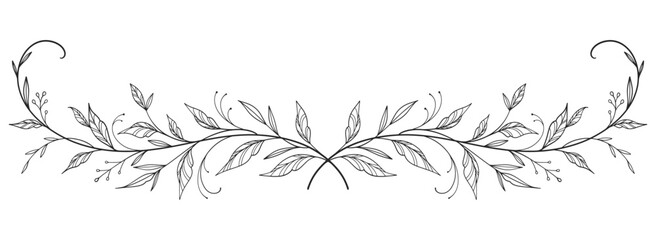 floral leaves line art isolated on white background. Divider doodle leaf and flowers, nature border decorative element vector illustration