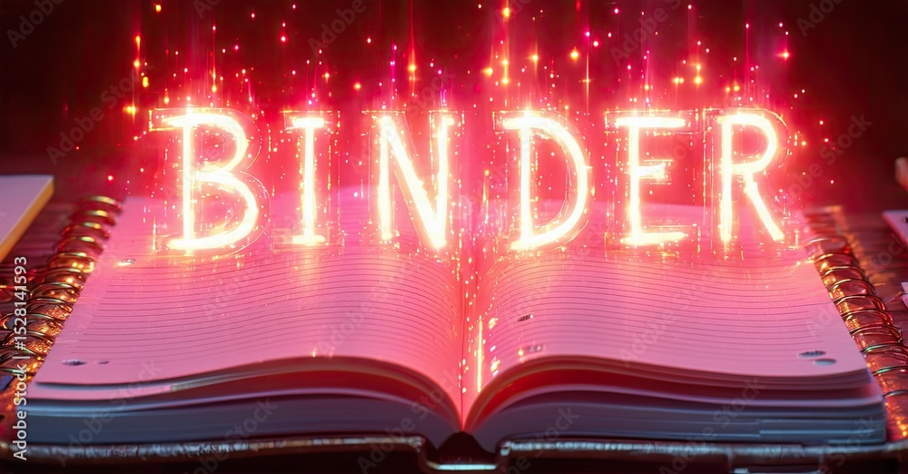 Aufkleber Open notebook displays glowing word binder. Red light emanates from pages, creating dramatic effect. Sparks add visual interest.