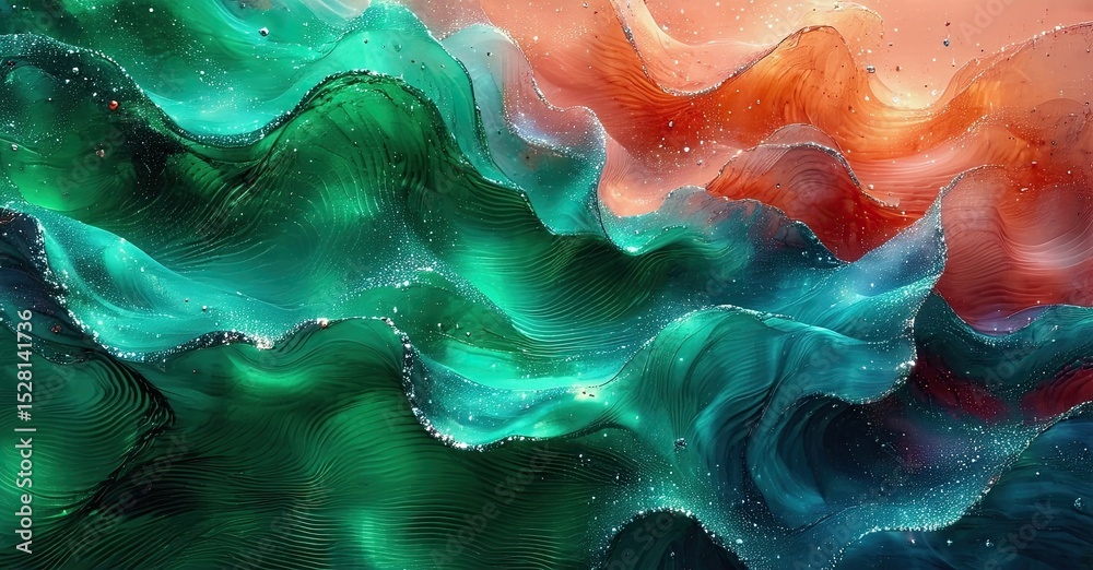 Poster abstract fluid waves, vibrant colors blend. turquoise, coral, teal create dynamic texture. sparkles 