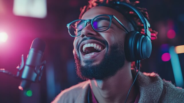 A joyful man with glasses and headphones passionately singing into a microphone, capturing the essence of music and excitement in an energetic atmosphere.