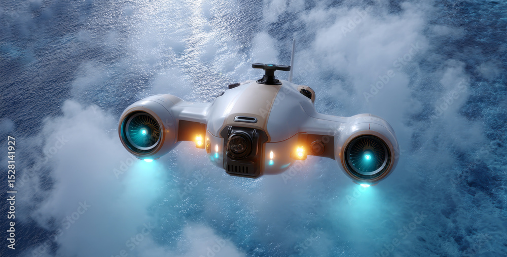 Aufkleber A robotic explorer navigates through thick clouds while surveying an unknown planet's surface. This advanced machine is designed for space exploration and search missions in deep space.