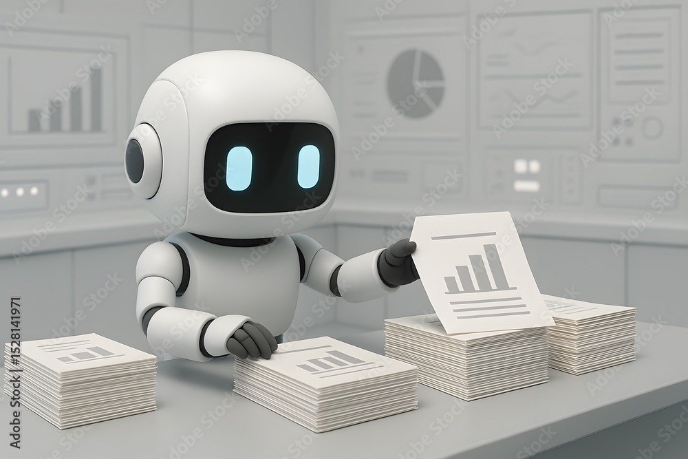 Poster cute robot analyzing documents with business charts in modern office