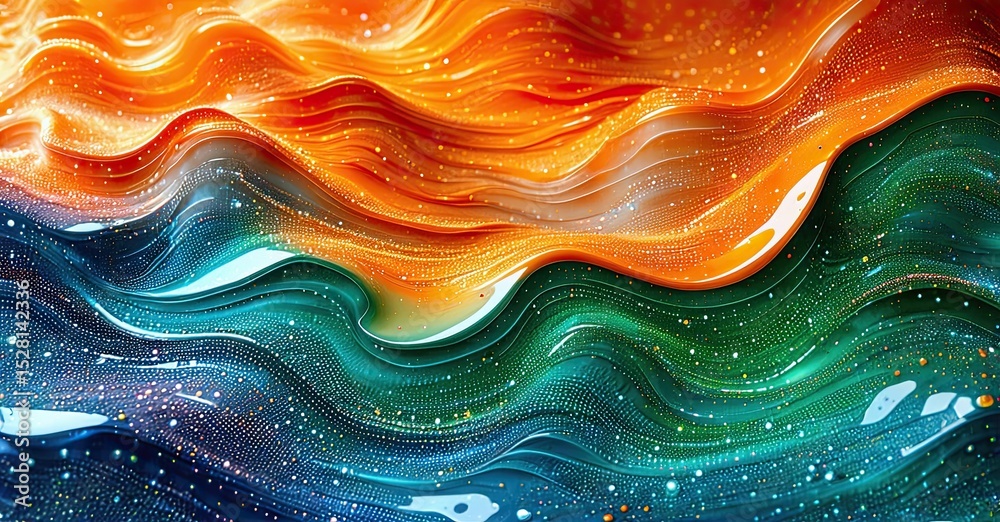 Poster vibrant fluid waves, orange above teal below. sparkling particles create dynamic texture, flowing fo
