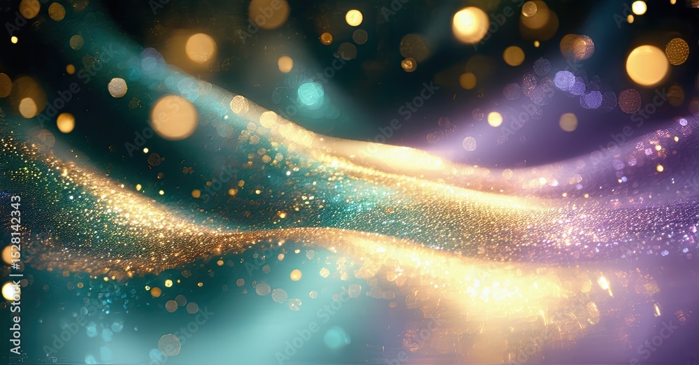 Poster abstract background features flowing golden light, teal hues, purple shades. sparkles create dynamic