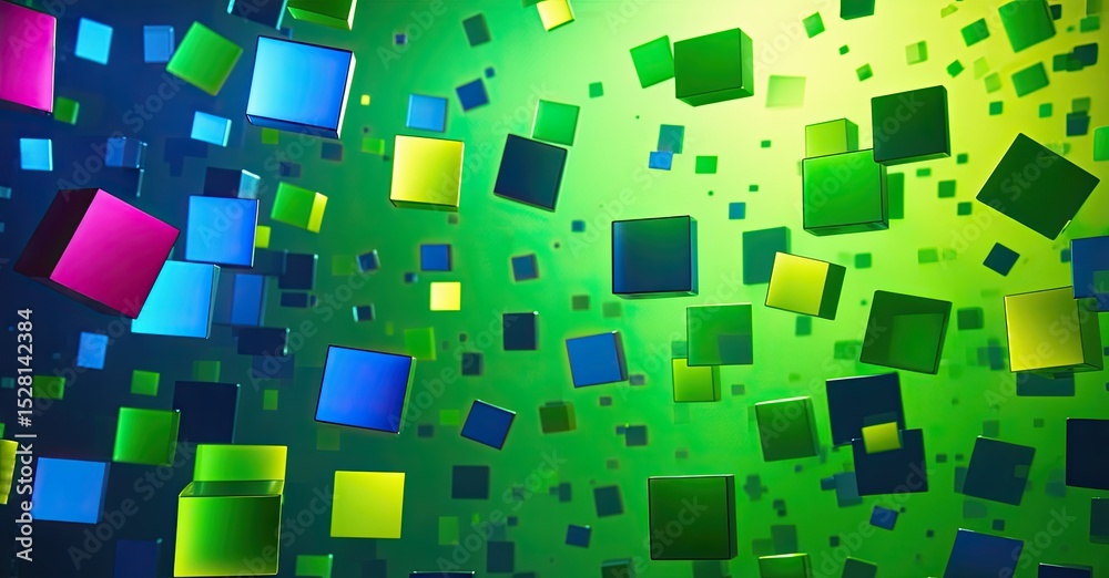Poster Vibrant cubes float within luminous green background. Shapes vary size, color, creating dynamic visual effect. Brightness dominates composition.