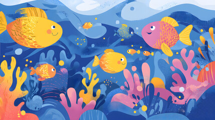Obraz premium Childrens underwater cartoon world flat illustration