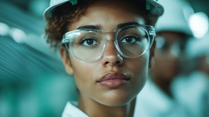 A confident woman dons safety glasses, embodying strength and professionalism in an industrial setting, representing empowerment and dedication in the workplace.