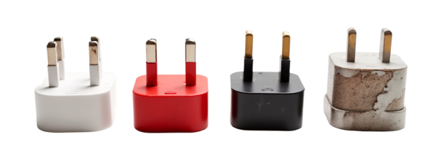 A group of three different colored plugs sitting next to each other.
