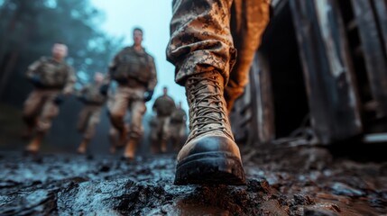 A group of military personnel in camouflage uniforms walks through a muddy, foggy landscape, emphasizing determination and teamwork in challenging conditions.