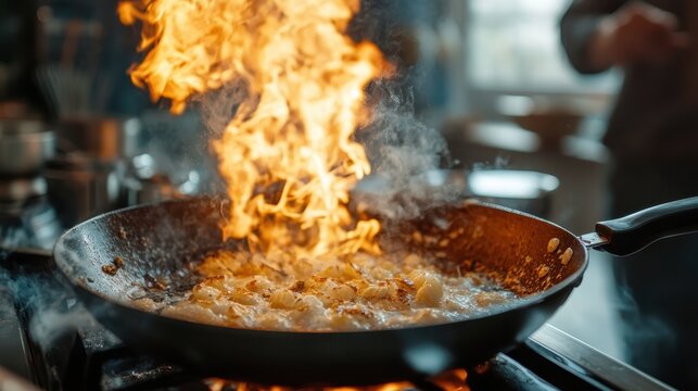 An exciting culinary scene featuring a flaming food dish cooking in a frying pan on the stove, showcasing the art of cooking with vibrant energy and dynamic flavors in the kitchen. - Powered by Adobe